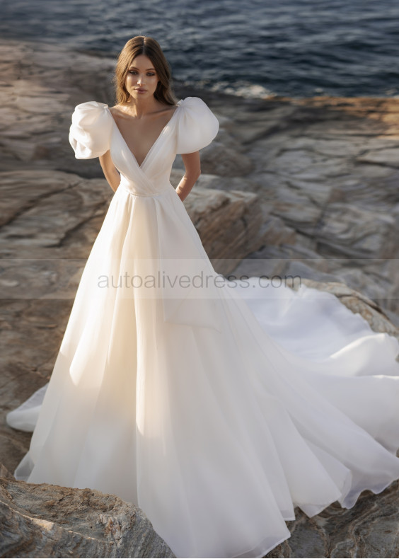 V Neck Ivory Organza Sexy Wedding Dress